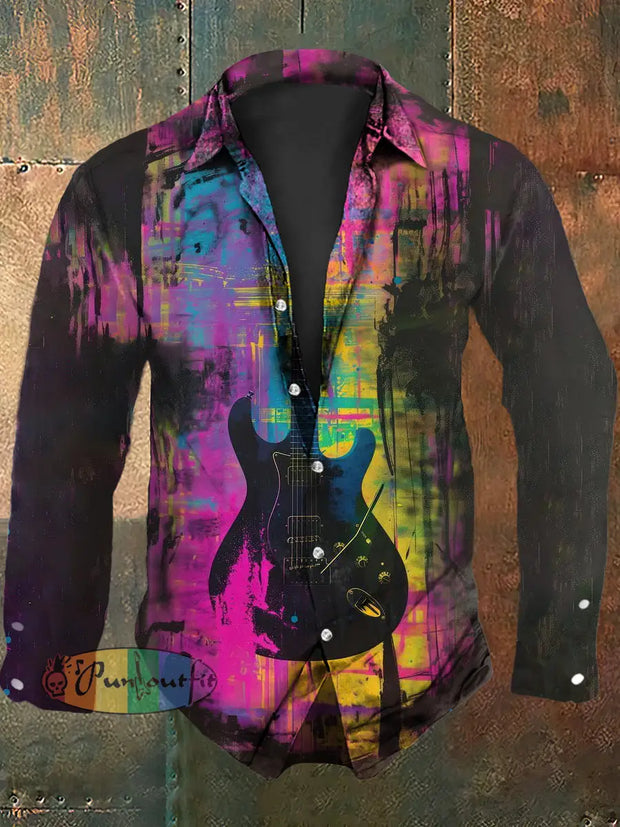 Men’s Vintage Punk Colourful Rock Guitar Abstract Print Casual Long Sleeve Shirt Purple / S