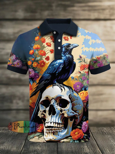 Men’s Vintage Punk Colourful Skull Raven Abstract Printed Casual Cotton Short Sleeve Polo Shirt As picture / S