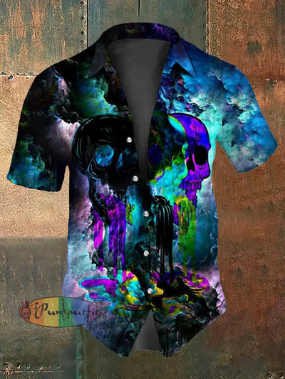 Men’s Vintage Punk Colourful Skulls Abstract Print Casual Cotton Short Sleeve Shirt Blue / S