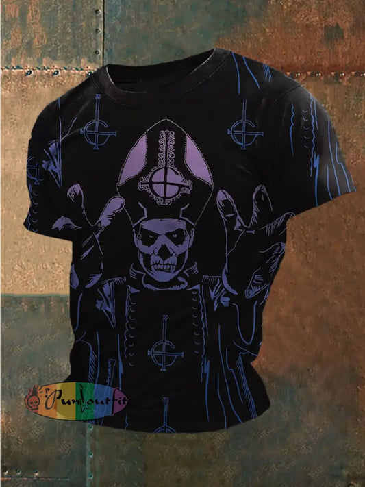 Men’s Vintage Punk Dark Band Abstract Print Casual Cotton Short Sleeve T-Shirt Black / S