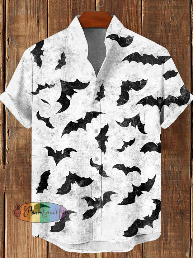 Men’s Vintage Punk Dark Bat Texture Print Casual Cotton Short Sleeve Shirt White / S