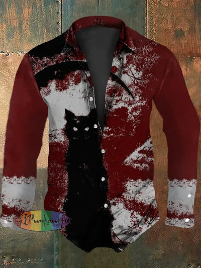 Men’s Vintage Punk Dark Black Cat Abstract Print Casual Long Sleeve Shirt Wine Red / S
