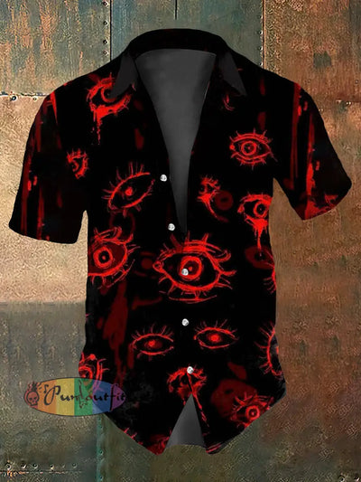 Men’s Vintage Punk Dark Eyes Abstract Print Casual Cotton Short Sleeve Shirt Black / S