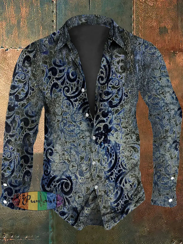 Men’s Vintage Punk Dark Floral Pattern Print Casual Long Sleeve Shirt Blue / S