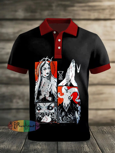 Men’s Vintage Punk Dark Montenegrin Sheep Patchwork Abstract Printed Casual Cotton Short Sleeve Polo Shirt Black / S