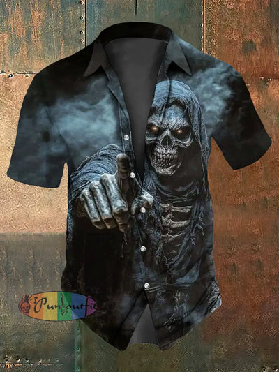 Men’s Vintage Punk Dark Skull Finger Abstract Print Casual Cotton Short Sleeve Shirt As picture / S