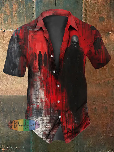 Men’s Vintage Punk Dark Skull Graffiti Abstract Print Casual Cotton Short Sleeve Shirt Red / S