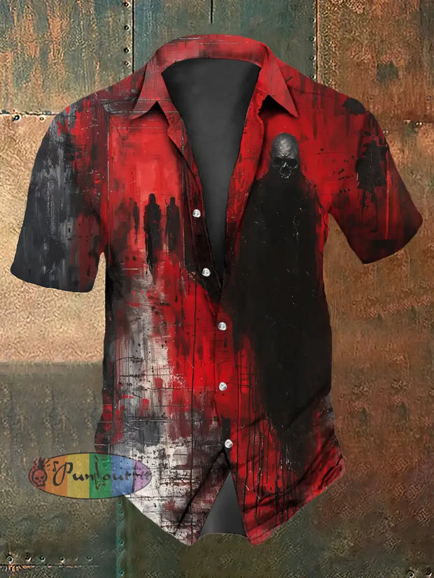 Men’s Vintage Punk Dark Skull Graffiti Abstract Print Casual Cotton Short Sleeve Shirt Red / S