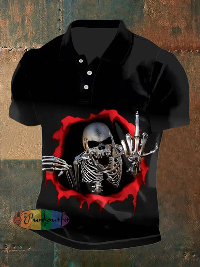 Men’s Vintage Punk Dark Skull Middle Finger Flame Abstract Printed Casual Cotton Short Sleeve Polo Shirt Black / S