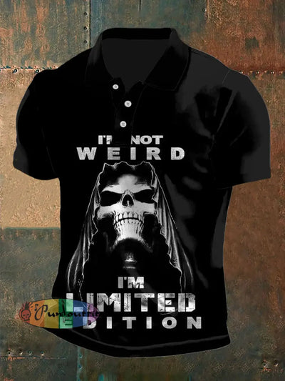 Men’s Vintage Punk Dark Skull Slogan Abstract Printed Casual Cotton Short Sleeve Polo Shir Black / S