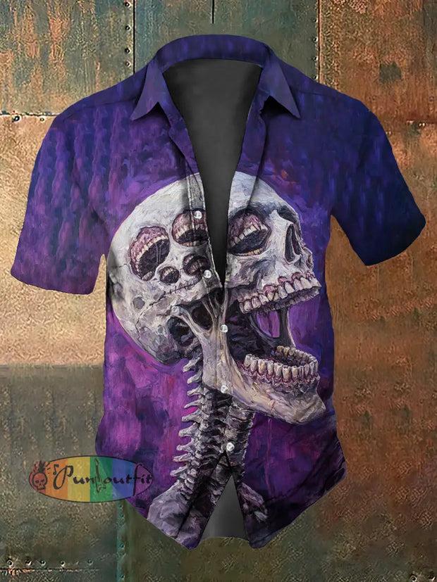 Men’s Vintage Punk Dark Skull Teeth Abstract Print Casual Cotton Short Sleeve Shirt Purple / S