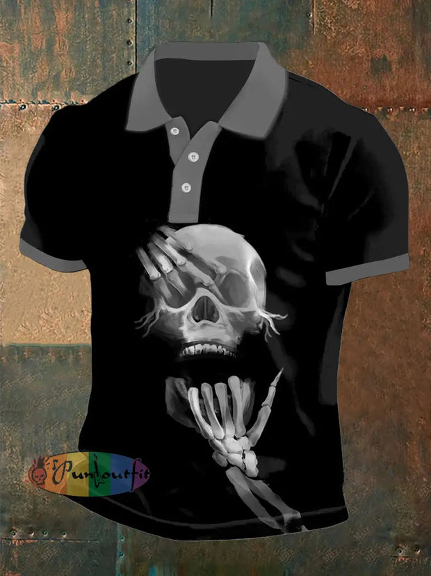 Men’s Vintage Punk Dark Skulls Abstract Printed Casual Cotton Short Sleeve Polo Shirt Black / S