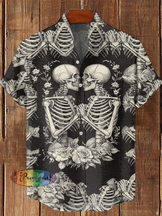 Men’s Vintage Punk Dark Valentine Pair Of Skulls Print Casual Cotton Short Sleeve Shirt Black / S