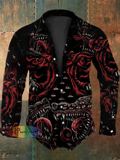 Men’s Vintage Punk Dark Wolf Eyes Abstract Print Casual Long Sleeve Shirt Black / S