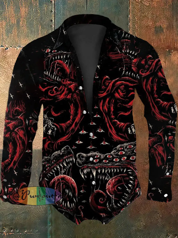 Men’s Vintage Punk Dark Wolf Eyes Abstract Print Casual Long Sleeve Shirt Black / S