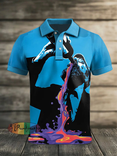 Men’s Vintage Punk Drinking Art Abstract Printed Casual Cotton Short Sleeve Polo Shirt Blue / S