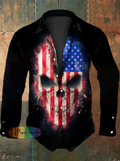 Men’s Vintage Punk Flag Skull Abstract Print Casual Long Sleeve Shirt Black / S