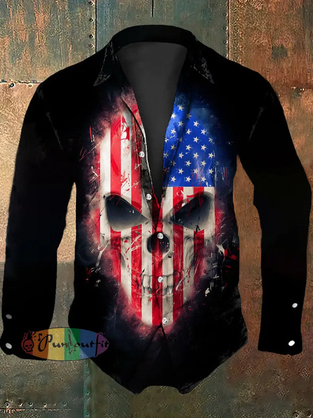 Men’s Vintage Punk Flag Skull Abstract Print Casual Long Sleeve Shirt Black / S