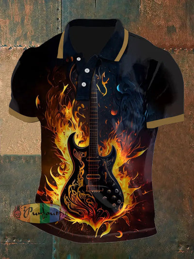 Men’s Vintage Punk Flame Guitar Abstract Printed Casual Cotton Short Sleeve Polo Shirt Black / S