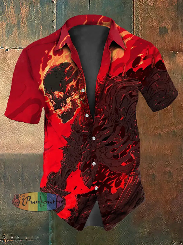 Men’s Vintage Punk Flame Skull Abstract Print Casual Cotton Short Sleeve Shirt Red / S