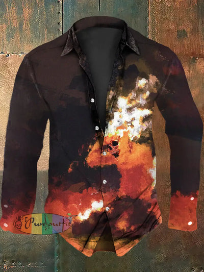 Men’s Vintage Punk Flame Skull Art Abstract Print Casual Long Sleeve Shirt As picture / S