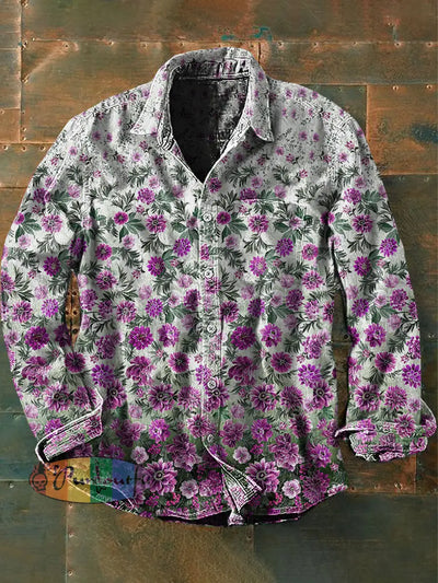 Men’s Vintage Punk Floral Art Print Casual Long Sleeve Shirt Purple / S