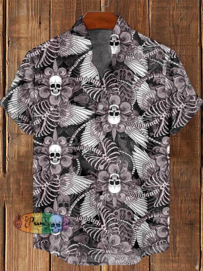 Men’s Vintage Punk Floral Skull Abstract Print Casual Cotton Short Sleeve Shirt Purple / S