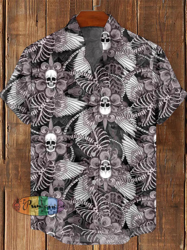 Men’s Vintage Punk Floral Skull Abstract Print Casual Cotton Short Sleeve Shirt Purple / S