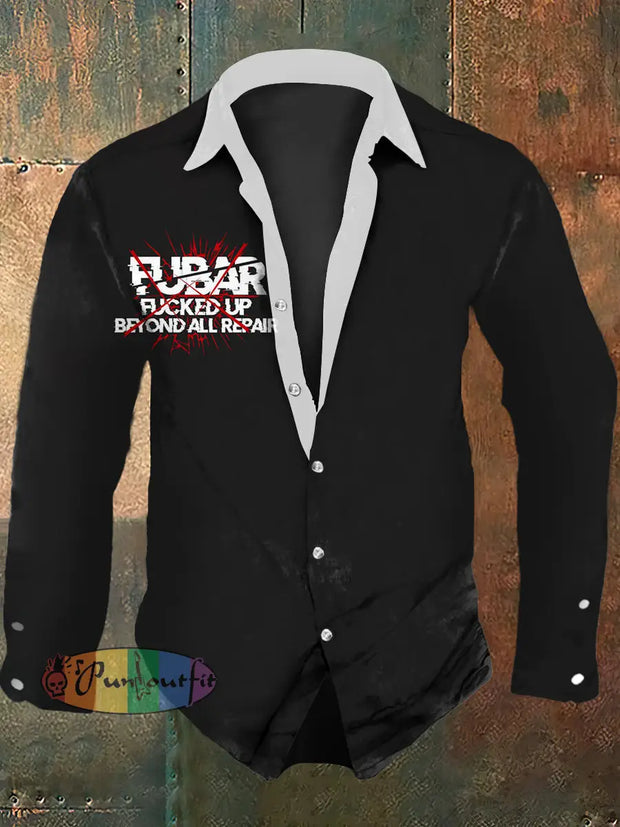 Men’s Vintage Punk Fubar Abstract Print Casual Long Sleeve Shirt Dark Gray / S