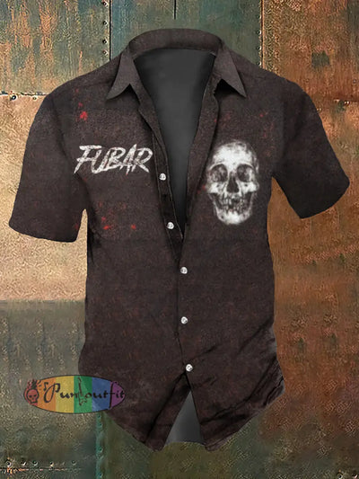 Men’s Vintage Punk Fubar Skull Abstract Print Casual Cotton Short Sleeve Shirt Brown / S