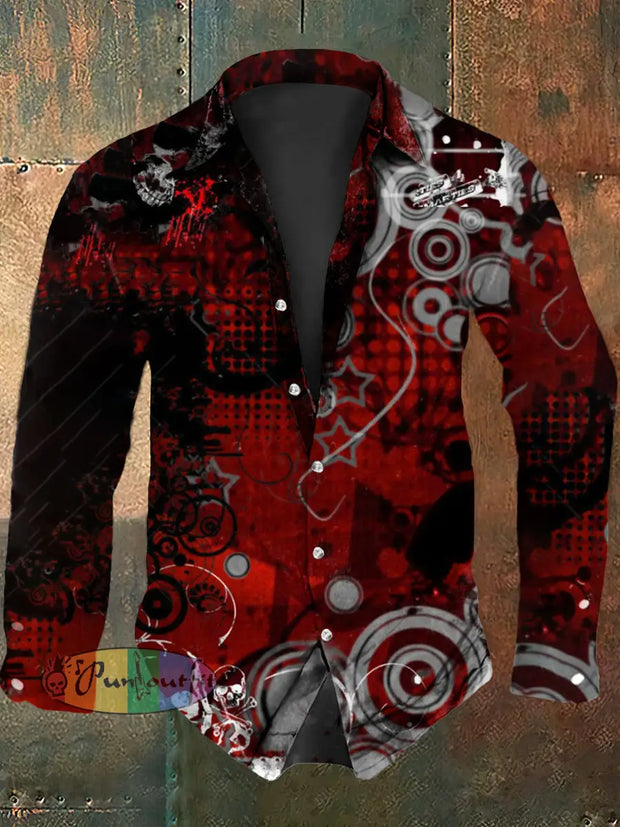 Men’s Vintage Punk Geometric Circle Star Art Abstract Print Casual Long Sleeve Shirt Wine Red / S