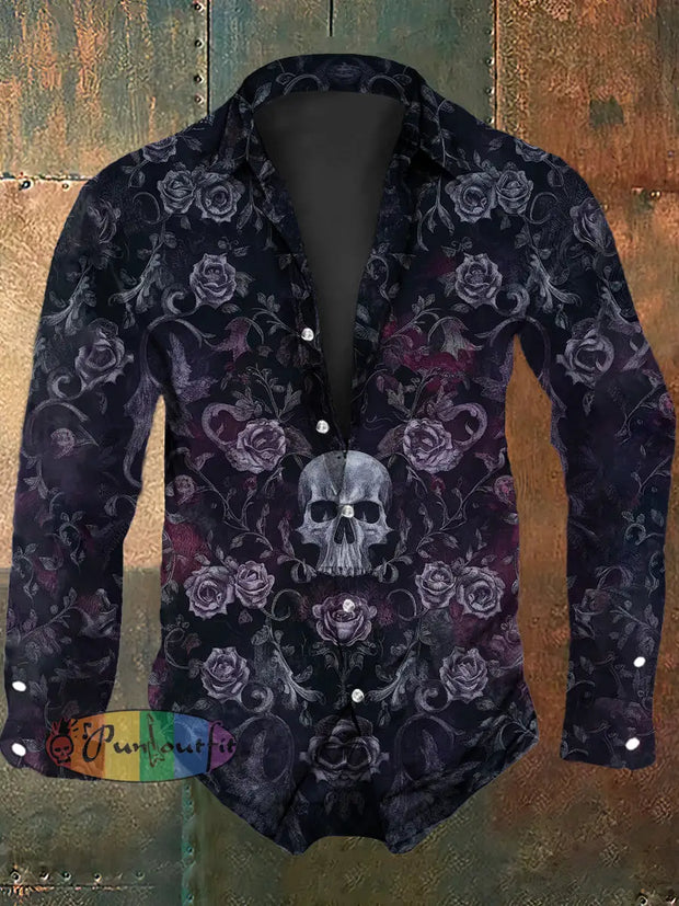 Men’s Vintage Punk Gothic Diablo Style Skull Rose Flower Print Long Sleeve Shirt Purple / S