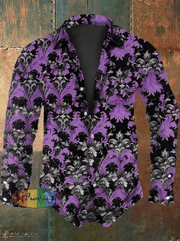 Men’s Vintage Punk Gothic Floral Feather Valentine’s Day Print Long Sleeve Shirt Purple / S