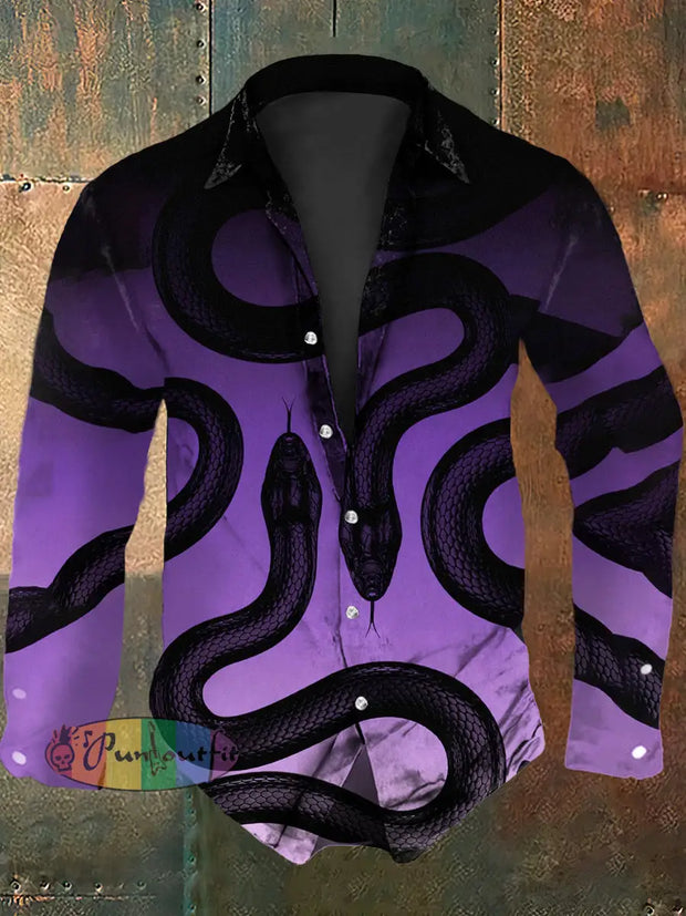 Men’s Vintage Punk Gothic Gradient Snakes Abstract Print Casual Long Sleeve Shirt Purple / S