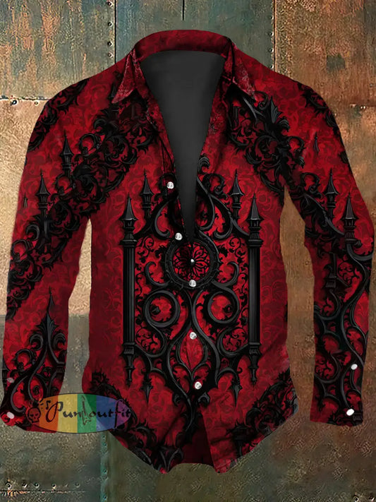 Men’s Vintage Punk Gothic Patterns Abstract Print Casual Long Sleeve Shirt Red / S