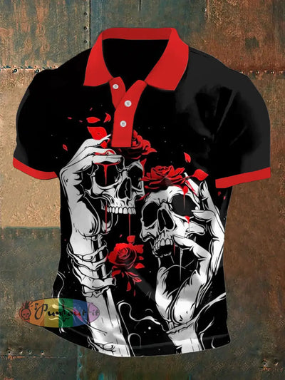 Men’s Vintage Punk Gothic Skull Rose Abstract Printed Casual Cotton Short Sleeve Polo Shirt Black / S