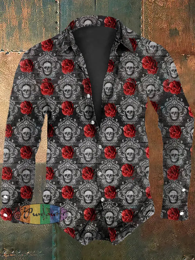 Men’s Vintage Punk Gothic Valentine’s Day Rose Skulls Print Long Sleeve Shirt Black / S