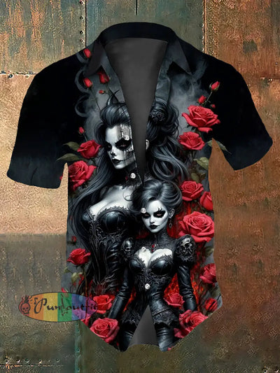Men’s Vintage Punk Gothic Witch Skulls Abstract Print Casual Cotton Short Sleeve Shirt Black / S