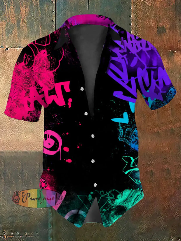 Men’s Vintage Punk Graffiti Colourful Letters Abstract Print Casual Cotton Short Sleeve Shirt As picture / S