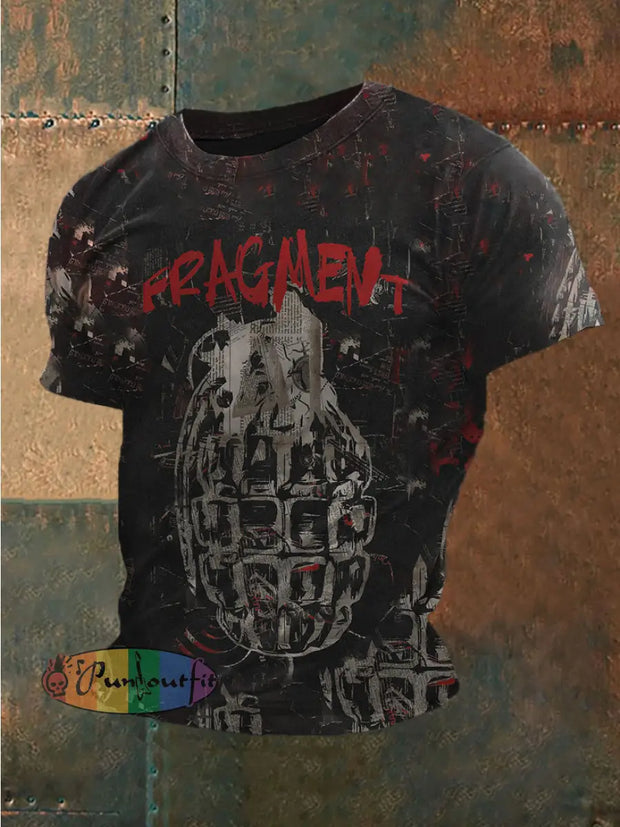 Men’s Vintage Punk Graffiti Grenade Abstract Print Casual Cotton Short Sleeve T-Shirt Black / S