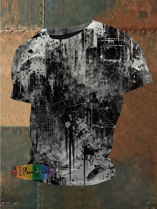 Men’s Vintage Punk Hand Painted Graffiti Abstract Print Casual Cotton Short Sleeve T-Shirt Gray / S