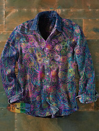 Men’s Vintage Punk Hippie Colorful Floral Patterns Art Print Casual Long Sleeve Shirt Blue / S