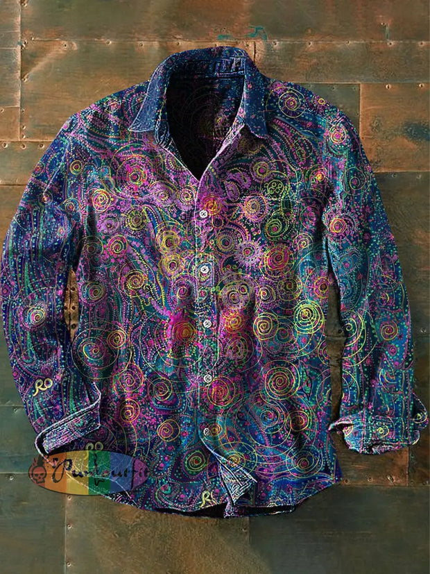 Men’s Vintage Punk Hippie Colorful Floral Patterns Art Print Casual Long Sleeve Shirt Blue / S