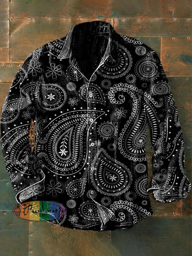 Men’s Vintage Punk Hippie Floral Art Print Casual Long Sleeve Shirt Black / S