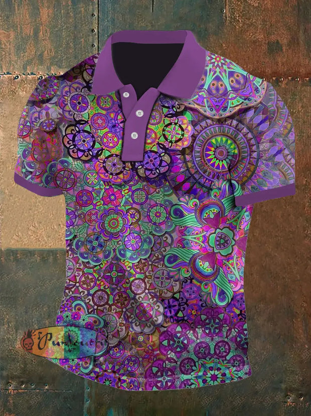 Men’s Vintage Punk Hippie Mandala Colourful Abstract Printed Casual Cotton Short Sleeve Polo Shirt Purple / S