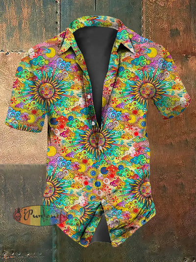 Men’s Vintage Punk Hippie Sun Colourful Abstract Print Casual Cotton Short Sleeve Shirt As picture / S