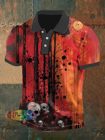 Men’s Vintage Punk Hippie Sunset Grove Skulls Abstract Printed Casual Cotton Short Sleeve Polo Shirt Orange / S