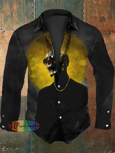 Men’s Vintage Punk Moon Gold Chain Skull Abstract Print Casual Long Sleeve Shirt Dark Gray / S