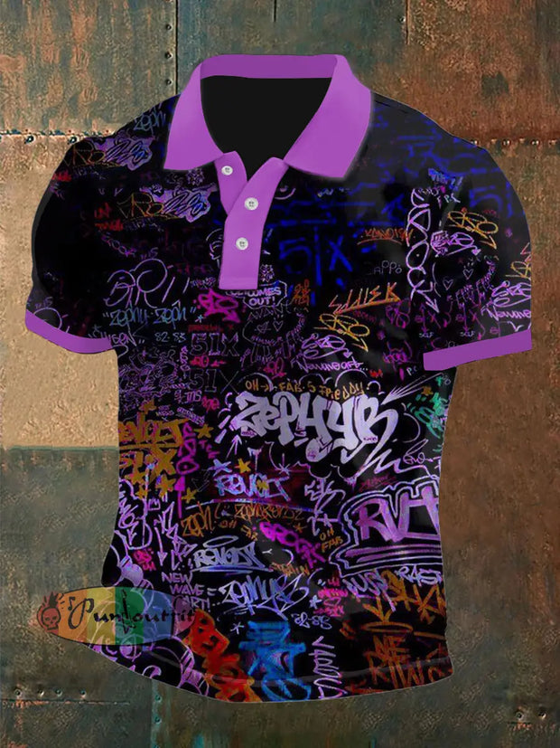 Men’s Vintage Punk Purple Graffiti Abstract Printed Casual Cotton Short Sleeve Polo Shirt Purple / S