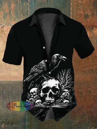 Men’s Vintage Punk Raven Skulls Abstract Print Casual Cotton Short Sleeve Shirt Black / S